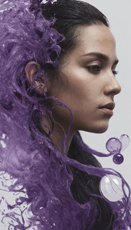 <lora:a1bs2trac1t:1>,a1bs2trac1t,, black hair, earrings, gradient, gradient background, jewelry, long hair, male focus, solo, two-tone hair, a purple abstract artwork with a lot of bubbles and swirls on it's surface, with a white background, Alberto Seveso, highly detailed digital painting, an airbrush painting, abstract art