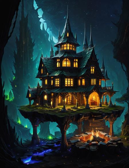 hyper detailed masterpiece, dynamic, awesome quality,DonMFr4ck7ur3dUnd3rw0rld enchanted castle of dreams, green roofing roof,wood,tuff stone,steel, outdoor fire pit,glow-in-the-dark insects, downlighting  <lora:DonMFr4ck7ur3dUnd3rw0rld-000009:0.75>