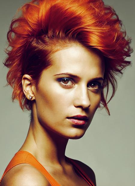 portrait of sks woman by Flora Borsi, style by Flora Borsi, bold, bright colours, orange Mohawk haircut, ((Flora Borsi)), <lora:locon_aliciavikander_v1_from_v1_64_32:1.25>