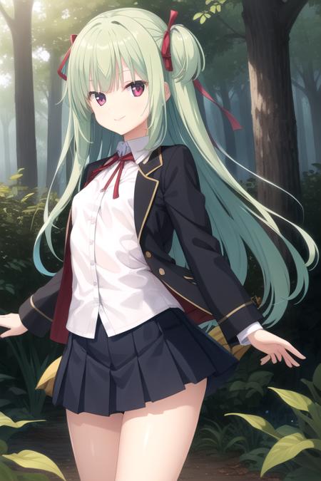 Murasame very long hair,green hair,two side up,blue bow,hair bow,sidelocks,blunt bangs,red eyes neck ribbon,red ribbon,blue jacket,wing collar,open jacket,white shirt,long sleeves,button,small breasts,blue skirt,pleated skirt,frilled skirt,black socks,white footwear