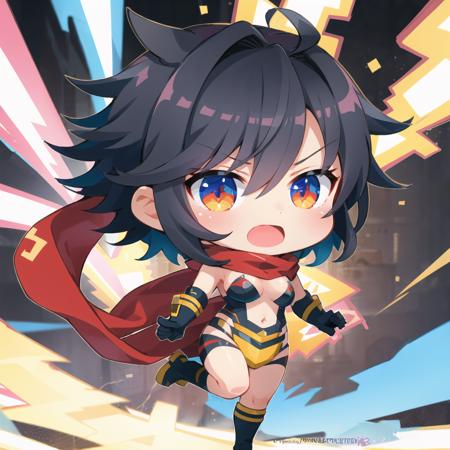 masterpiece, best quality, dynamic angle, den2, 1girl, solo, chibi, full body, black hair, medium hair, hair between eyes, open mouth, large breasts, from side, kamen rider girl,  high kick, rider suits, red scarf, serious, lightning, <lora:den2chibi:1>,