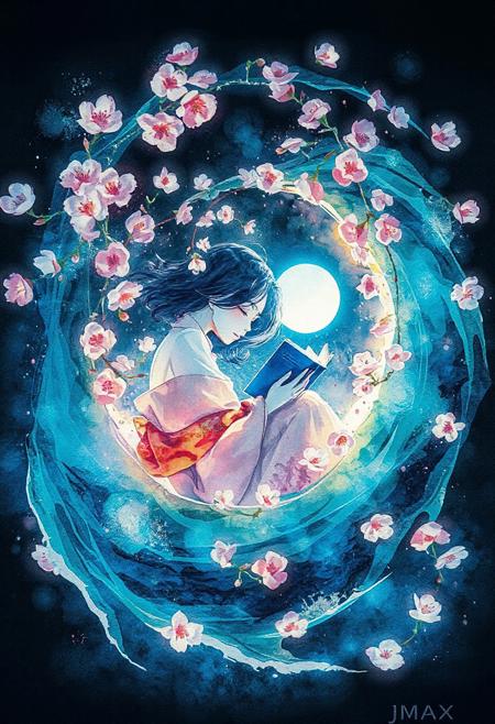 JNANX,luminous white silhouette,cyan glow,emerald highlights,flickering outline,dreamlike movement,rippling colors,drifting embers,infinite black background,psychedelic colors,ethereal,futuristic surrealism,gw,glowing,night,night sky,trippy,
"A delicate watercolor illustration of a 26-year-old woman curled up in the center of a cherry blossom spiral, reading a book, surrounded by swirling petals and flowing ink textures, soft lighting, peaceful expression, dynamic composition, Japanese art style, elegant and emotional
