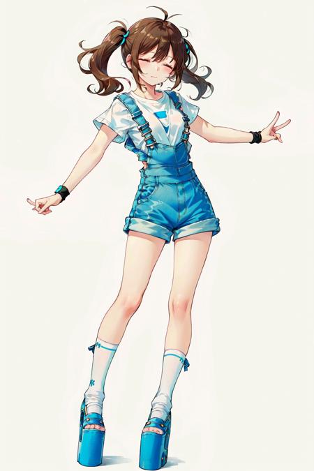 fsgziksks,  1girl,  solo,  brown hair,  shirt,  twintails,  standing,  closed eyes,  white shirt,  shorts,  socks,  overalls,  platform footwear,  overall shorts, <lora:EMS-58769-EMS:0.800000>