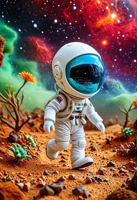 Tilt shift photography style, alienworld, Diorama page, plushify, character stuffed toy, a astronaut, blue mirror visor, running, ( Unmanned:1.2), land of alien planet, nebula background,