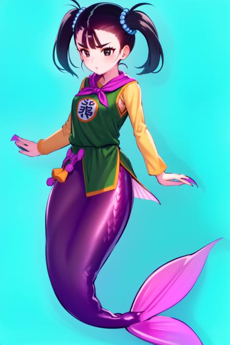 masterpiece, best quality,
<lora:14720_768_LoCon_mermaid:1.2>,mermaid,monster_girl,fish_scales,mermaidtail,
full body, 1girl,
bikini,(bikini_skirt),underwater,
<lora:fighterDragonQuest_v10:0.9>,fighter_\(dq3\),black_eyes,brow, black_hair,side_twintails,chinese_clothes,hair_bobbles,long_sleeves