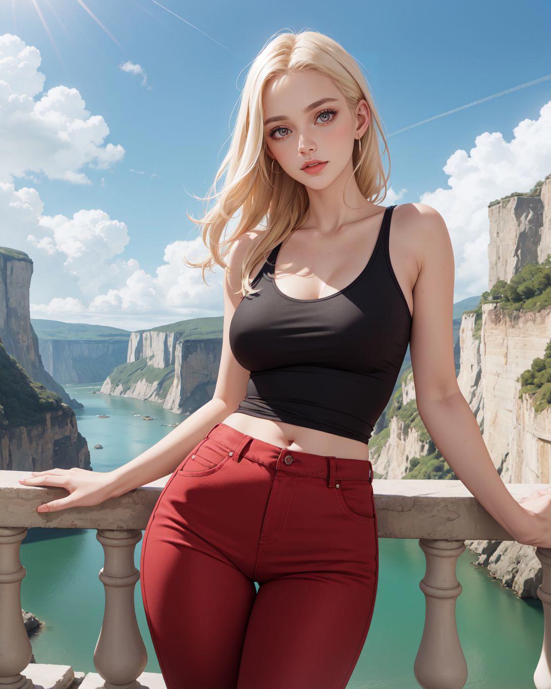 (digital illustration:1.3),  (outdoors busty blonde scandinavian adult woman deep tank-top red pants black standing at scenic overlook, glacial valley below with fluffy cloud sky, adult woman standing at the cliffs edge:1.3), hand raised to chin, golden hour, curly blonde medium length hair, 24 years old, slender adult woman, Oval-shaped face, luminous complexion, Bright almond-shaped eyes looking at viewer, [[dewy skin, peach and rosey-blush, minimal warm eye-shadow, subtle berry red lip-gloss]], Arched defined eyebrows, dimple, subtle hair highlights, small upturned nose, dynamic pose, full-length editorial fashion photo of ([Katya|Signe|Anya|Eeva|Petra|Irena|Linnea|Mila|Freja|Nika|Astrid|Lidia|Yelena|Saga|Oksana|Tove|Alina|Elina|Zoya] adult Ukrainian adult woman:0.8), seductive 21 years old, [[cleavage]], slender adult woman, Oval-shaped face, luminous complexion, Bright almond-shaped eyes looking at viewer, [[dewy skin, peach and rose blush, minimal warm eyeshadow, subtle berry red lipgloss]]