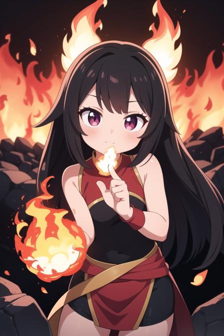 masterpiece, best quality, ultra detailed, anime style, In a volcanic landscape, a cute girl channels the power of fire, flames dancing at her fingertips. Her attire, woven with ember-like patterns, complements the molten scenery, creating a mesmerizing display of controlled inferno