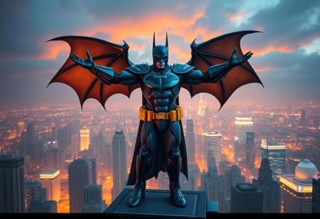 Heroic Batman Armor Dragon, arms outstretched, standing sentinel on a skyscraper rooftop overlooking a stunning crimson & amber metropolis. Wearing iconic blue/grey armor, yellow utility belt, blue boots. Ultra-detailed, cinematic atmosphere, dramatic lighting. trending on Artstation, CGSociety, Octane Render, Unreal Engine 5, Raphael Style, Beautiful Matte Painting, Splash Ink Illustration, 4k, High-res, Impeccable Composition, Dynamic Pose.