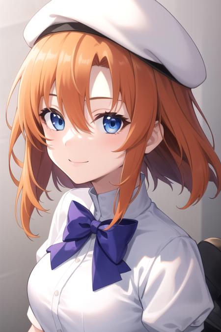 ((masterpiece)),(best quality),official art,extremely detailed CG,unity 8k wallpaper,ultra detailed,beautiful detailed eyes,extremely detailed face,1girl,solo,upper body,(portrait:1.5),looking at viewer,facing viewer,smile,ryuuguu rena,beret,white headwear,orange hair,medium hair,hair between eyes,eyes visible through hair,blue eyes,blue collar,white dress,puffy short sleeves,purple bow,blue wrist cuffs,medium breasts,back bow,hip vent,black thighhighs,brown footwear,boots,medium breasts,<lora:Ryuuguu Rena(hnnk)>,