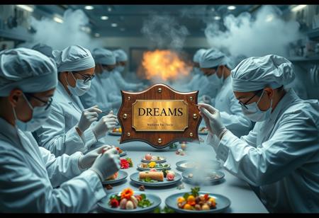 A busy kitchen full of workers in clean white coats, they are working on details of a wooden award plaque that has a brass plate with the word "DREAMS" engraved on it. The workers are using small utensils like tweezers, small knives, and plating spoons. They are arranging tiny flowers and exotic foods. There is a dreamlike feel, atmospheric, rays of light, glowing clouds of steam in the background. No masks, no gloves. wearing toques.
