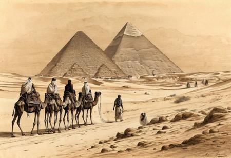 A Bedouin caravan travels through the Giza Desert, 1800, pencil drawing by Denon