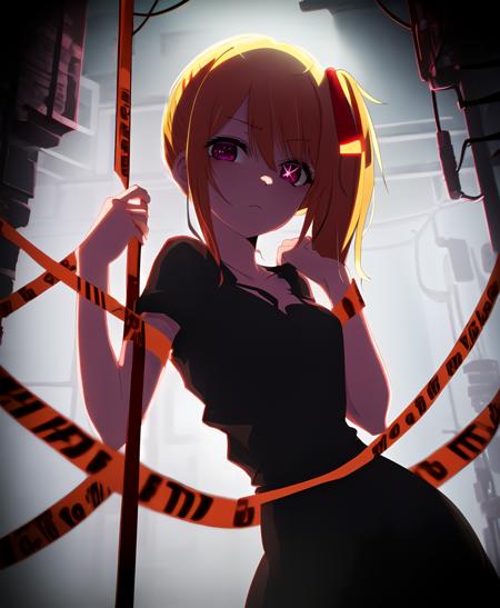 caution tape, (Ruby:1.15); red ribbon, 1girl, solo,  cowboy shot, shushing,  looking at viewer, gold hair, dark, behind  caution tape, backlighting, side ponytail, alleyway, wall, cyberpunk, machinery, beautiful hands
<lyco:oshinoko-ep02-cs2-loha-step-35000:1>