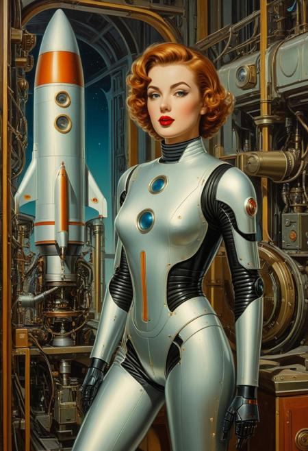 High-angle shot full length oil painting, etching, robot girl retro science fiction pinup girl, wearing a spacesuit , narrow waist, narrow hips, surreal perspective, unusual architecture, robot skin, vintage rocket background, short curly tousled hair, lipstick, eye liner, great legs, hyperdetailed, fine line details, antique art fantasy, viewed from above,