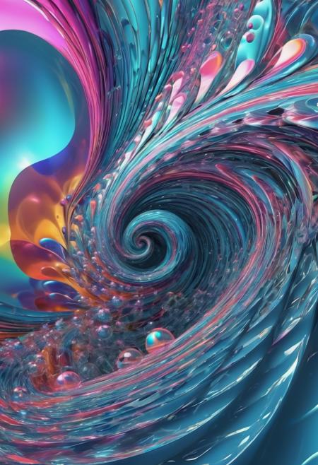 3D render abstract, curves, streamline, dynamic, splash, bubbles, spiral, fractal, Fibonacci, interdimensional, vibrant, waves, complex, rhythm, surreal, refractions, rippling effect, translucent caustic effect