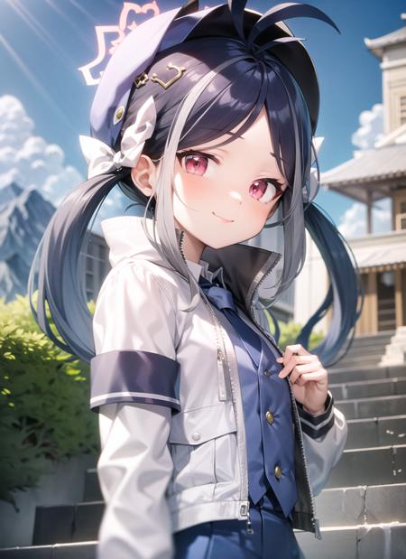 <lyco:fubuki1-000008:1.0>, fubukidef, upper body, smile, blush, outdoors, day, simple background, blue sky, sky, temple, looking at viewer, stairs, mountain, moody lighting, facing viewer,