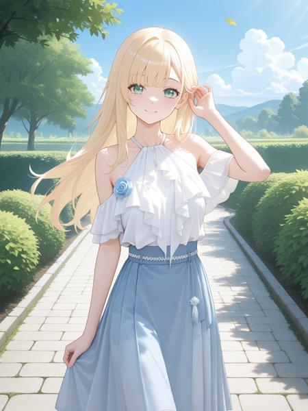 Off-shoulder white top blue skirt v1.0