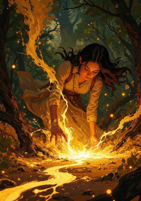 Masterpiece, best quality, ultra-detailed, 8K. close up of a woman's hand reaching down and touching the ground, golden shimmering light emanating from the hand and fingers. The ground beneath her pulses with magic, spreading out into trails dusted with molten light. Countless glowing motes of golden energy drift through the air, swirling like enchanted fireflies. The background is an intricate, ancient forest, glowing with fiery amber and golden energy. The entire scene glows with an almost dreamlike radiance, filled with a sense of wonder and enchantment. Highly detailed, soft magical glows, fantasy dreamscape, cinematic lighting, rich autumnal hues, 8k resolution. DB4RZ, DB4RZ style painting, Anime art