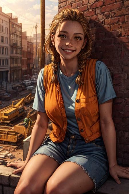 (best quality, masterpiece:1.2), photorealistic, thick outlines, strong shadows, <lora:add_detail:0.75>,
(sfw:1.1), portrait, 1 adult woman, freckles, yellow eyes, long brown dutch braid, smiling, sitting on ledge, construction worker, dark orange vest,  brick and mortar wall,  construction site, scaffolding, vibrant colors, dusk, atmospheric lighting,