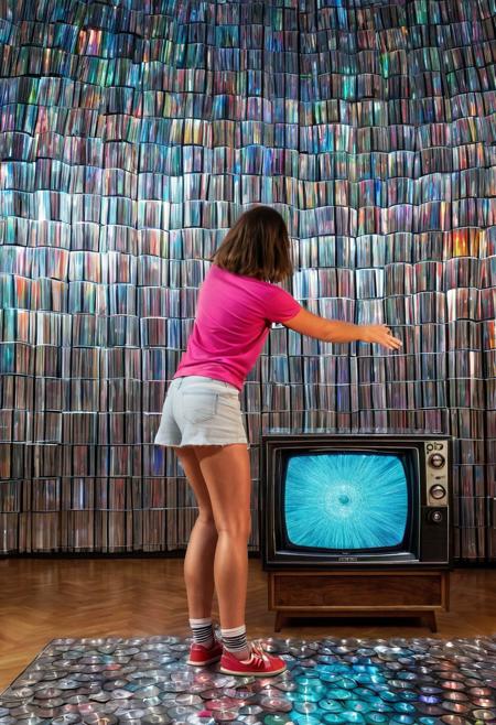 A young woman standing, bowing and smacking (an open retro TV with bright noise pattern playing on the screen) in a room made of cd's.