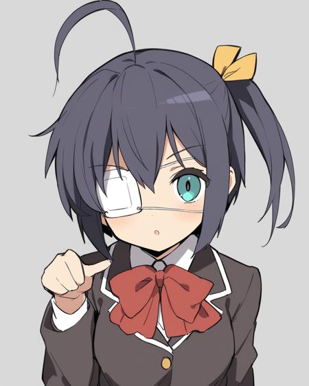 1girl,solo,akanashi_rikka,bow,ahoge,medical_eyepatch,plaid_skirt,one_side_up,skirt,thighhighs,plaid,cross,school_uniform,black_thighhighs