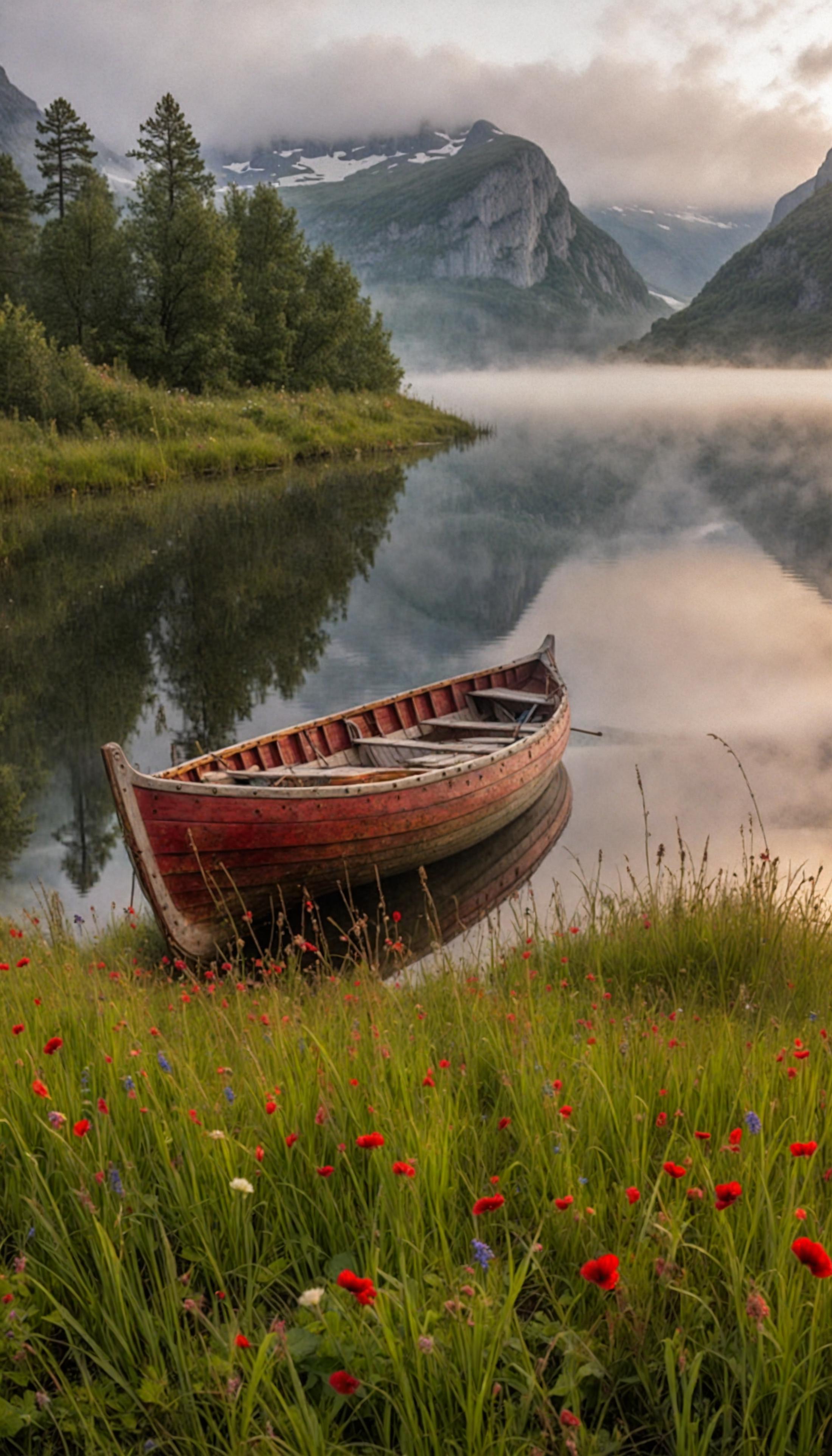 A red boat on a lake with mountains in the background.