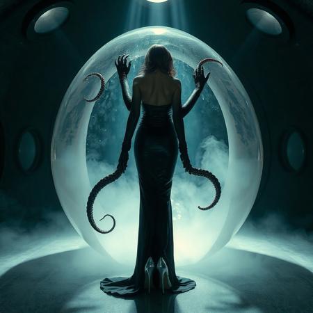 noble norvegian femme fatal lady  standing struggling with  tentacles holding her and pulling her inside  hole in giant transparent slime egg,  wearing evening GLOSSY THIN black slime live tentacles gown, GLOVES  and high heels, , surrounded by  weird fog from the floor, captured in light beam from celling,  alien breeding chamber,  , portholes to outer space,  ultrathin waisT, HORROR,  reminiscent of H.R. Giger, Zdzisław Beksinski, and Ash Thorp's dark, sleek styles, with close-up glamour photography, glossy satin and silver heels glistening, fleshy slime dripping, and dark shadows.view from behind.