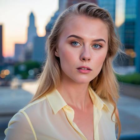 <lora:CharlotteCarmen_SDXL_v1.25-000057:1>  
a Realistic Full Portrait Photo of a 
professional medium format 50mm (close-up headshot portrait) photography of a enchantingly gorgeous youthful ((ohwx woman)), blue eyes,  in the city at dawn, shot on a Canon EOS R, extreme bokeh, wearing modest Dior light-yellow blouse,