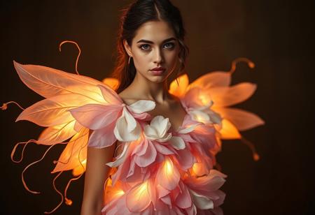 A portrait of a young woman wearing a fantastical dress made of flowing, luminescent petals and tendrils. The outfit seems to be alive, gently moving with her body. Her expression is both vulnerable and determined, and the scene is illuminated with soft, warm light that enhances the ethereal mood.
