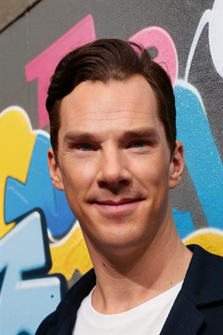 Portrait of bencumberbatch, a man wearing grey t-shirt, graffiti-covered wall, vibrant colors, warm expression, playful smirk