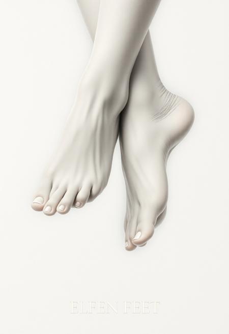 An extremely detailed drawing of a pair of human feet of a white perfect woman with pale skin, the focus is only on the beautiful porcelain feet and the rest of the body is cropped, her feet are extremely detailed and floating weightless in an ethereal void with tender soothing light, her feet are touching her legs, crossed feet, crossed legs, sexy pose, the text "ELFEN FEET" is written at the bottom in a fancy elegant thin font