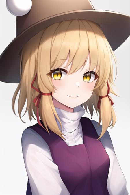 masterpiece, best quality, highres, solo, {moriya_suwako_touhou:1.10}, blonde_hair, hat, ribbon, hair_ribbon, vest, smile, yellow_eyes, red_ribbon, bangs, purple_vest, short_hair, 1girl, upper_body, long_sleeves, shirt, turtleneck, white_shirt, closed_mouth, looking_at_viewer, sidelocks, simple_background, brown_headwear, white_background