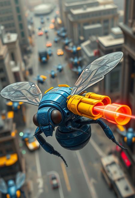 A city is overrun by an invading army of blue warrior space bees. A galactic blue space bee equipped with yellow laser weapons is focused in view, firing a fantastic laser weapon. Space bees are vicious people of war, ridiculous in look and power.