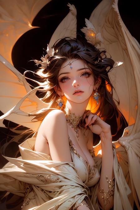 ((best quality)), ((masterpiece)), (detailed), alluring succubus, ethereal beauty, perched on a cloud, (fantasy illustration:1.3), enchanting gaze, captivating pose, delicate wings, otherworldly charm, mystical sky, (Luis Royo:1.2), (Yoshitaka Amano:1.1), moonlit night, soft colors, (detailed cloudscape:1.3), (high-resolution:1.2)