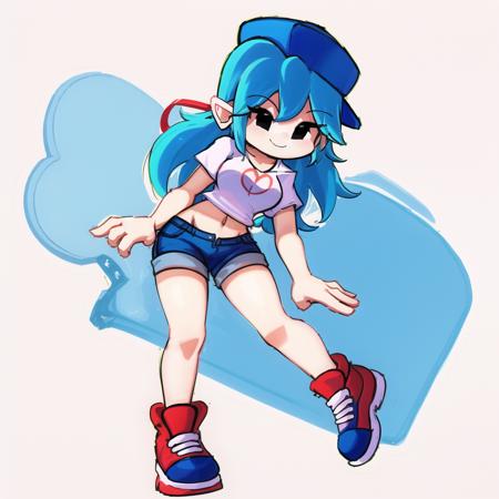 <lora:GSBF:1> GSBF, blue hair, 1girl, solo, shirt, smile, shorts, shoes, black eyes, hsort hair, pointy ears, full body , red hearwear, blue shorts, cap , hat , t-shirt , baseball cap, white shirt, midriff, looking at viewer, medium breasts