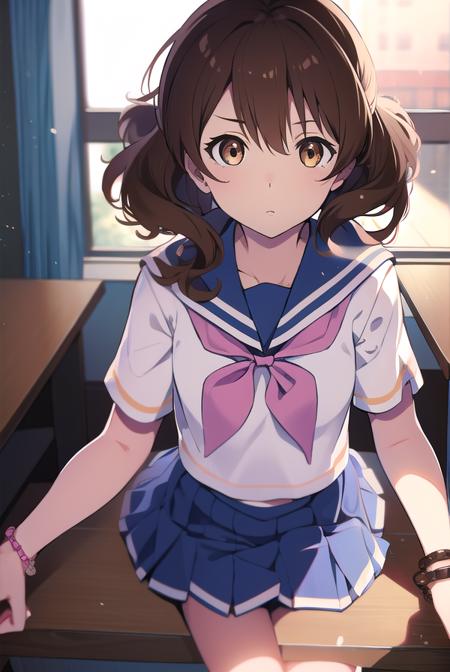 kumikooumae, <lora:kumikooumaetest:1>, 
kumiko oumae, (brown eyes:1.5), brown hair, short hair, wavy hair, (flat chest:1.2),
BREAK blue skirt, bracelet, kitauji high school uniform, neckerchief, pink neckerchief, pleated skirt, school uniform, serafuku, shirt, short sleeves, skirt, white shirt,
BREAK looking at viewer,
BREAK indoors, classroom,
BREAK <lora:GoodHands-vanilla:1>, (masterpiece:1.2), best quality, high resolution, unity 8k wallpaper, (illustration:0.8), (beautiful detailed eyes:1.6), extremely detailed face, perfect lighting, extremely detailed CG, (perfect hands, perfect anatomy),