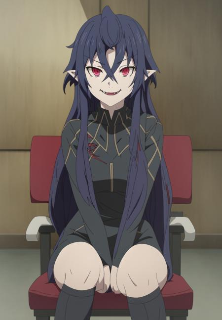 <lora:Irina_Luminesk:0.8>, Irina_Luminesk, 1girl, solo, smirk, vampire fangs, sitting, parody, anime coloring