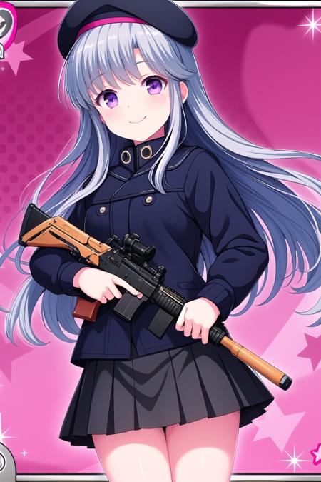 (masterpiece, best quality), highly detailed background, perfect lightingbest quality, yuliavalkova, solo, white headwear, beret, grey hair, blue hair, long hair, purple eyes, black jacket, long sleeves, holding assault rifle, black skirt, pleated skirt black pantyhose, smile, closed mouth, pink lips, <lora:Yulia-Valkova:0.7>