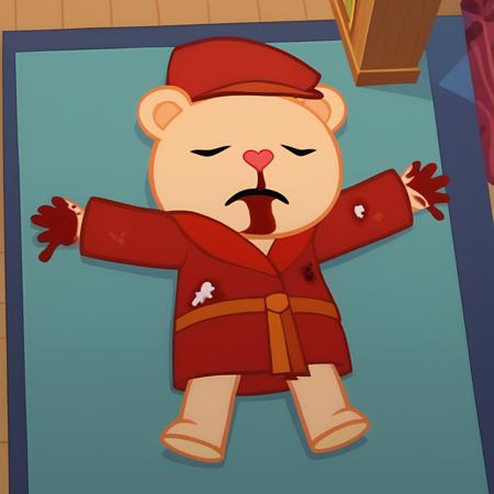 htfpop, bear, 1boy, (gnome), plump, red hat, red bathrobe,