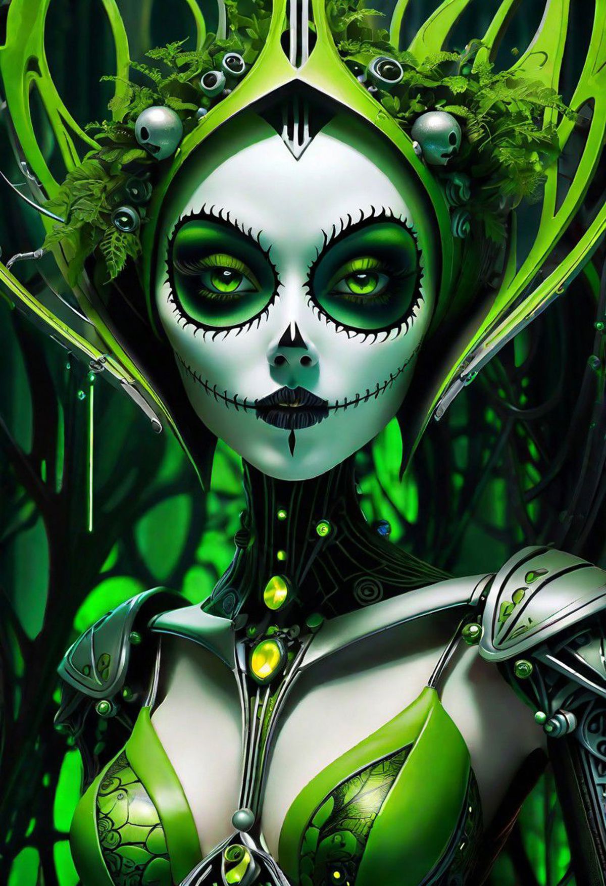 A scary green and white skeleton makeup on a woman's face.