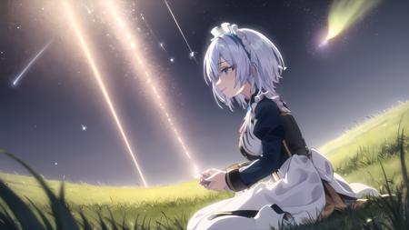 masterpiece, best quality, 1girl, wide shot, <lora:ShirayukiHimeji:1>, Shirayuki Himeji, Yuki, 1girl, solo, looking at viewer, smile, blue eyes, maid, maid headdress, night, depth of field, night sky, outdoors, lens flare, shining star, grass, from side, holding hands, sitting, dark_field,clear sky, ,the beautiful night sky,moon,shining,stars,twinkling,calm,night,blowing in the wind,happy,serene,mystical,atmosphere,feeling,dreamy,tranquil,freedom,hope,enjoying the moment,solo,outdoor,natural beauty:1.1),(solo focus, ), from side, ( from side),sitting, very wide shot, at night,starry sky,(beautiful detailed Grassland,Meteor streaks across the sky:1.3),(starry sky),