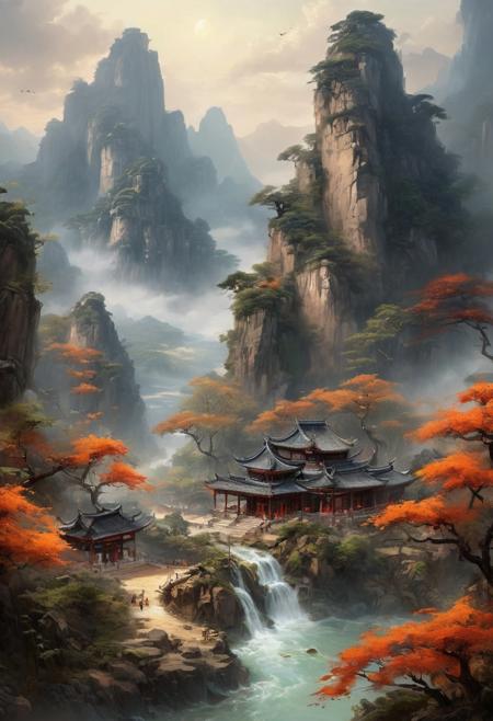 Freehand style, Envision a serene and tranquil idyllic retreat nestled within the ethereal beauty of ancient Xianxia-themed mountains, where misty clouds delicately wrap around the peaks, creating an otherworldly atmosphere. The landscape is dotted with ancient architecture, reflecting the elegance and refinement of a cultivation sect's stronghold. Here, mystical energy flows through enchanted forests, where immortal mountains and rivers harmonize with the natural world, fostering an environment perfect for the pursuit of martial immortality. The scene is populated with mystical creatures, adding a touch of wonder and magic to this Chinese ancient Xianxia-themed paradise., Don't be real, oil painting, done with japanese brush technique, realistic, extreme detail, scary, terrifying, dark and warm environment, 8k, looking at viewer, looming, Comic style
<lora:add-detail-xl:1> <lora:xl_more_art-full_v1:0.5>  <lora:looking_at_viewer:2>