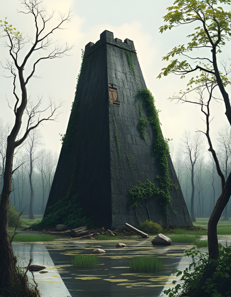 A leaning black triangular tower sinking into a swamp, with vines growing on it. Parts of its walls are broken and there is rubble scattered everywhere. Trees in the foreground and background. In the style of an oil painting.