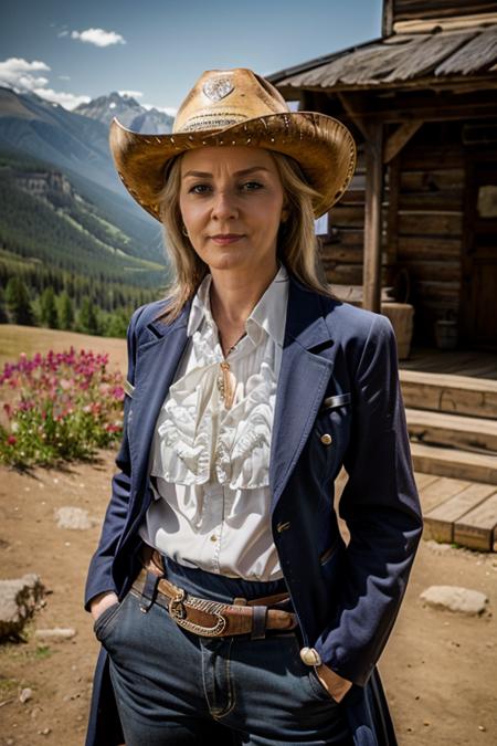 a mature L1873T cowboy costume ,  mountain , day <lora:Liz_Truss:1> masterpiece, best quality, detailed face,, 1girl, solo, l1873t, realistic,
