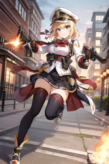 <lora:AnnaTestarossa-09:0.6>,rose (elsword), 1girl, solo, looking at viewer, smile, short hair, blue eyes, skirt, blonde hair, thighhighs, gloves, hat, holding, full body, weapon, holding weapon, white thighhighs, gun, holding gun, rifle, explosive, shotgun, grenade