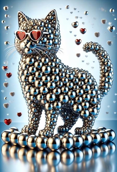 (made from hearts shaped Balls of Chrome Steel, cute tiny hearts shaped Balls of Chrome Steel,:2) score_9, score_8_up, score_7_up, masterpiece-level, highly detailed, fantasy-themed, cute animal focus, really cute animal, cute focus, intricate details, vibrant and hilariously relaxed aesthetics, environmental focus, background focus, A dynamicoil painting of a cat Surfer, with metallic shimmering fur, riding barefoot his majestic board through a cosmic wave made from hearts shaped Balls of Chrome Steel background. Include a golden sun and a glowing stars made from hearts shaped Balls of Chrome Steel. Use strong light and shadow contrasts and hatching to emphasize the movement and drama of the scene. The cat Surfer should be placed centrally in the composition, with bold lines and intense colorfull tones to highlight his powerful pose and the expansive scenery. wave made from hearts shaped Balls of Chrome Steel
