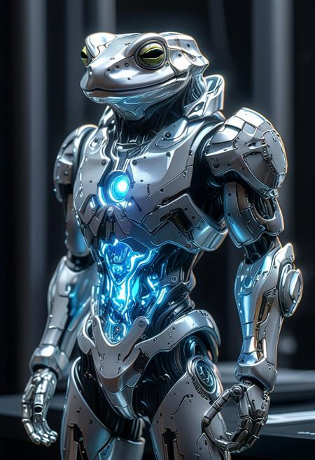 SilverPulse, silver sculpture of a mech humanoid frog, powerful energy beam shooting from chest,  opulent study, layering outline with zirconia light, intricate, hyper-detailed, professional photoshoot, ultra-sharp, vivid colors, dark lighting, 50mm lens,