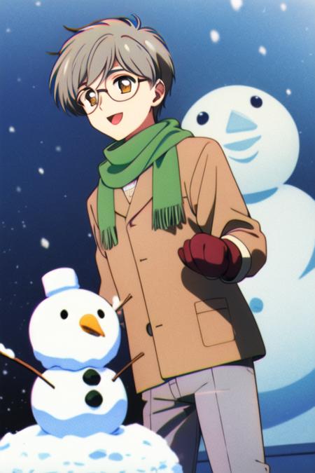 masterpiece, best quality, <lora:tsukishiro_yukito:0.7> scarf, 1boy, male focus, snowman, glasses, sweater, solo, green scarf, smile, open mouth, grey hair, snowing, pants, snow, :d, ribbed sweater, yellow eyes, long sleeves, grey pants, yellow sweater, brown eyes, mittens, blue background, 1990s \(style\), retro artstyle,