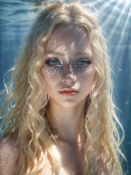 Portrait of a 17-year-old beauty,unparalleled,Fairy,blond Long wavy hair:1.3,under seawater,[face close-up,eyes makeup,(Fish scales:1.105)],pores,(Primitive light and shadows:1.3),