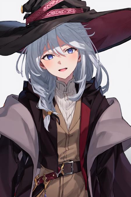 masterpiece, best quality, victoricamajonotabitabi, 1girl, mature female,  one side braids, jacket, [ahoge], upper body, brown jacket belt, red jacket, blue knifes on jacket belt,  black thighhighs, black boots, white sweater inner, happy, witch purple robe, town,