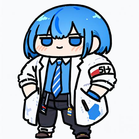 <lora:fuwafuwa:1>, virtual youtuber, 1boy, male focus, solo, blue hair, pants, necktie, shirt, full body, white background, looking at viewer, hands in pockets, armband, striped, shoes, brown footwear, simple background, hair between eyes, blue eyes, straight-on, short hair, labcoat, collared shirt, standing, bangs, closed mouth, black pants